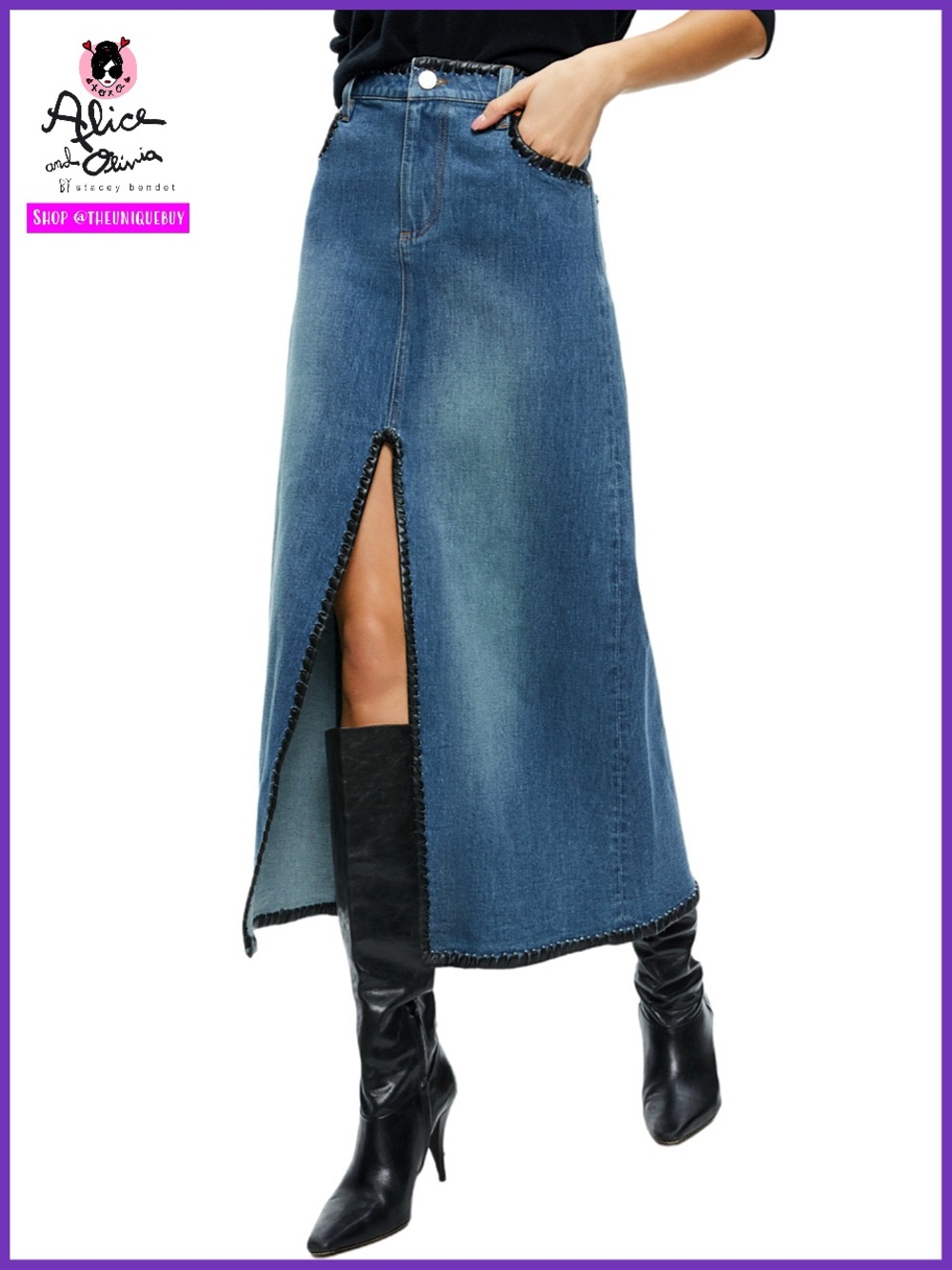 Alice + Olivia Rye Denim Maxi Vegan Leather Trim Skirt